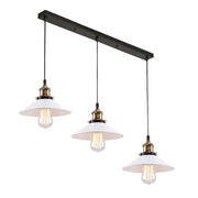 Industrial black and white ceiling chandelier with three white ceramic shades brass accents and black metal bar decorbites industrial ceiling
