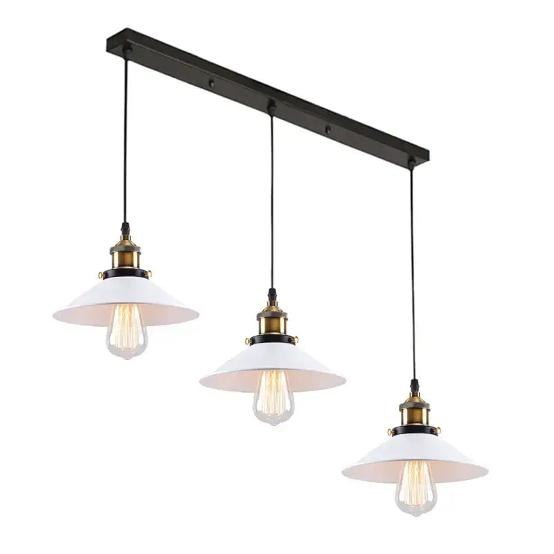 Industrial black and white ceiling chandelier with three white ceramic shades brass accents and black metal bar decorbites industrial ceiling