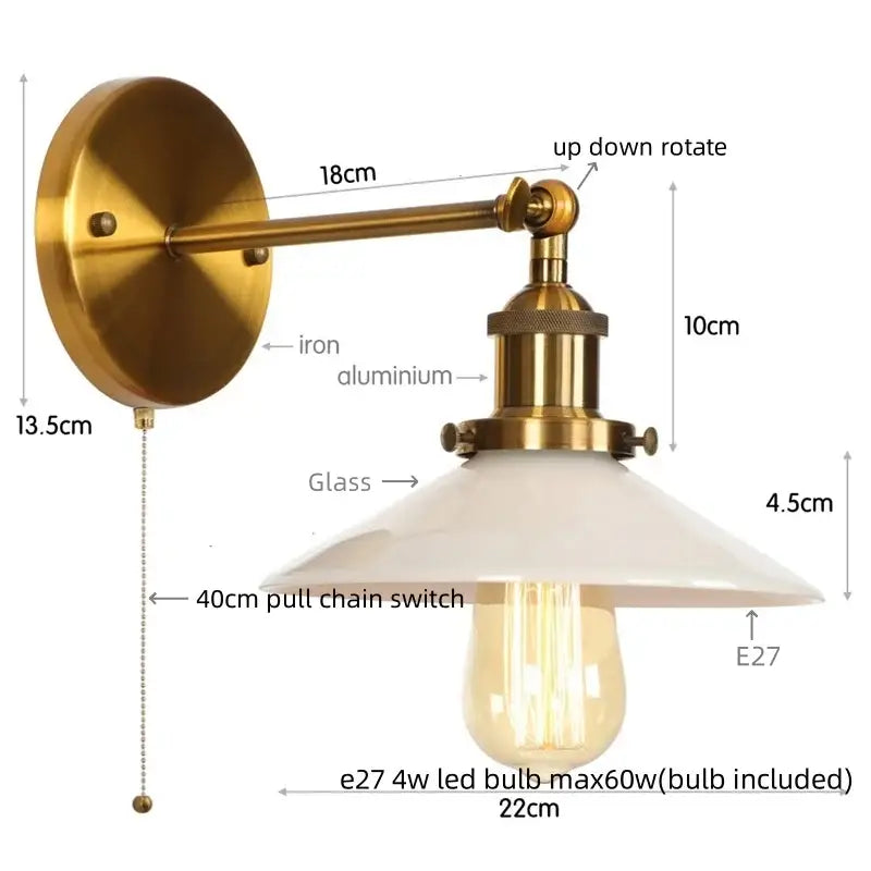 Brass-finished industrial wall lights with white glass shade and exposed Edison bulb decorbites led wall lights