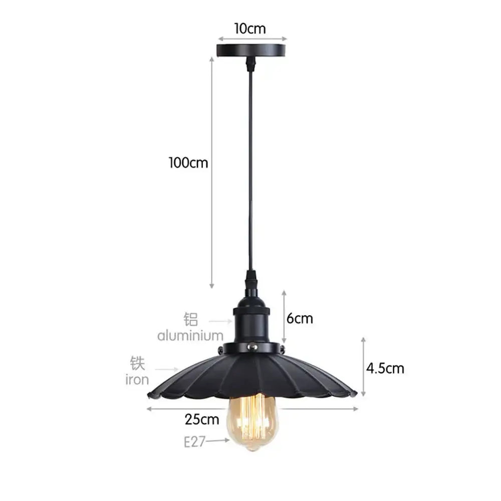 Black industrial pendant light with fluted aluminum shade and iron base featuring exposed Edison bulb decorbites iron pendant light