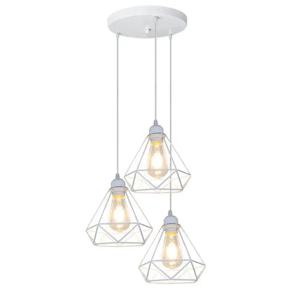 White geometric pendant light with three diamond cage wrought iron wire cages and exposed filament bulbs for kitchen use