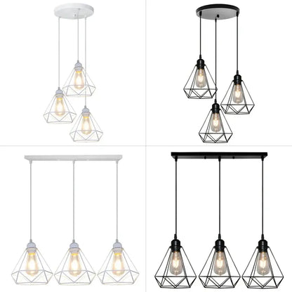 Industrial black and white diamond cage wrought iron pendant light with geometric cage wrought iron design for kitchen use