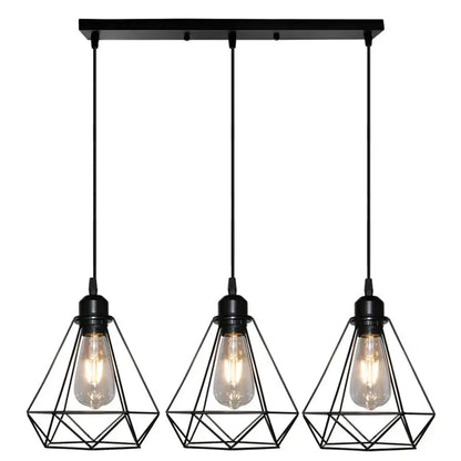 Black geometric pendant light with three exposed Edison bulbs featuring diamond cage wrought iron design for kitchen