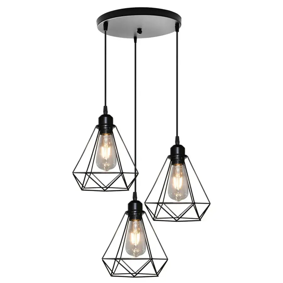 Industrial black and white diamond cage wrought iron pendant light with black geometric cage and three edison bulbs