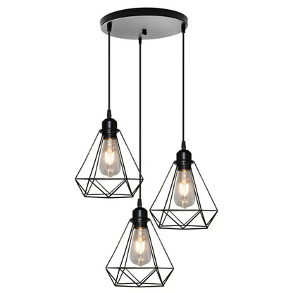 Industrial black and white diamond cage wrought iron pendant light with black geometric cage and three edison bulbs