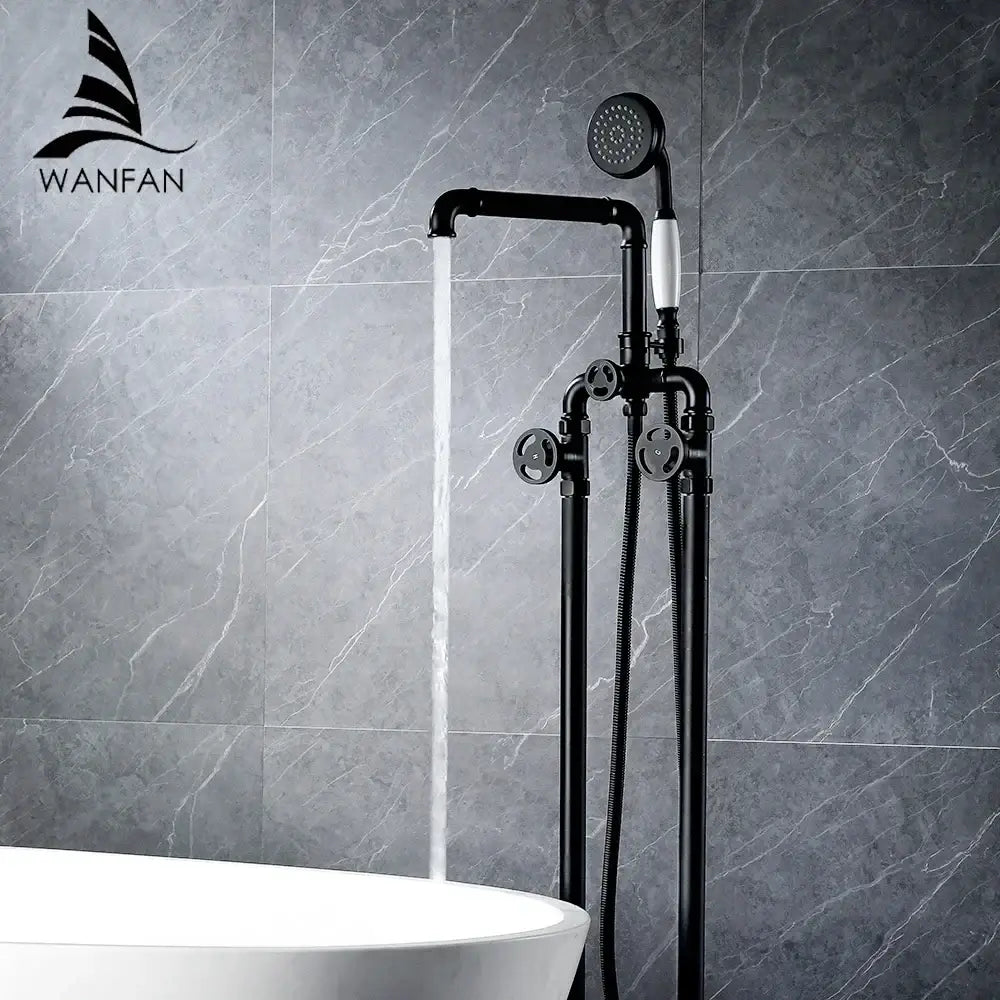 Black industrial-style shower faucet with dual handle white knobs and exposed piping decorbites industrial black design