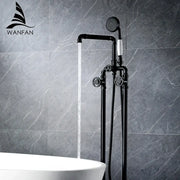 Black industrial-style shower faucet with dual handle white knobs and exposed piping decorbites industrial black design