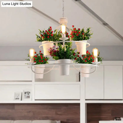 Industrial Black/White Metal LED Plant Pendant Light - 6 Lights, 1/2 Tiers. Perfect for Restaurants.