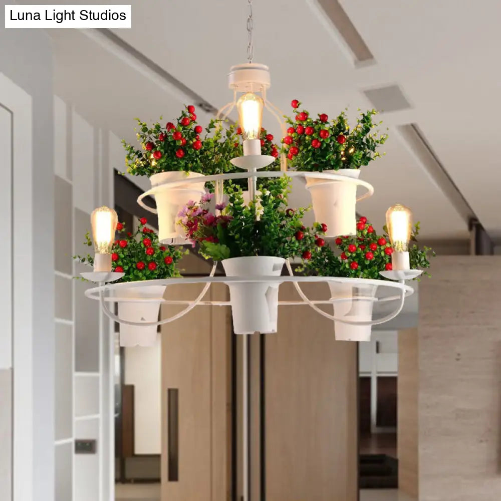 Industrial Black/White Metal LED Plant Pendant Light - 6 Lights, 1/2 Tiers. Perfect for Restaurants.