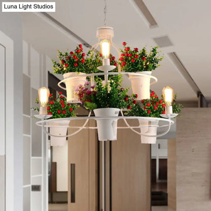 Industrial Black/White Metal LED Plant Pendant Light - 6 Lights, 1/2 Tiers. Perfect for Restaurants.