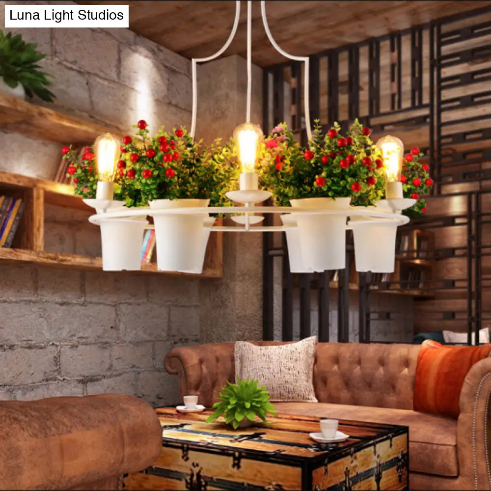 Industrial Black/White Metal LED Plant Pendant Light - 6 Lights, 1/2 Tiers. Perfect for Restaurants.