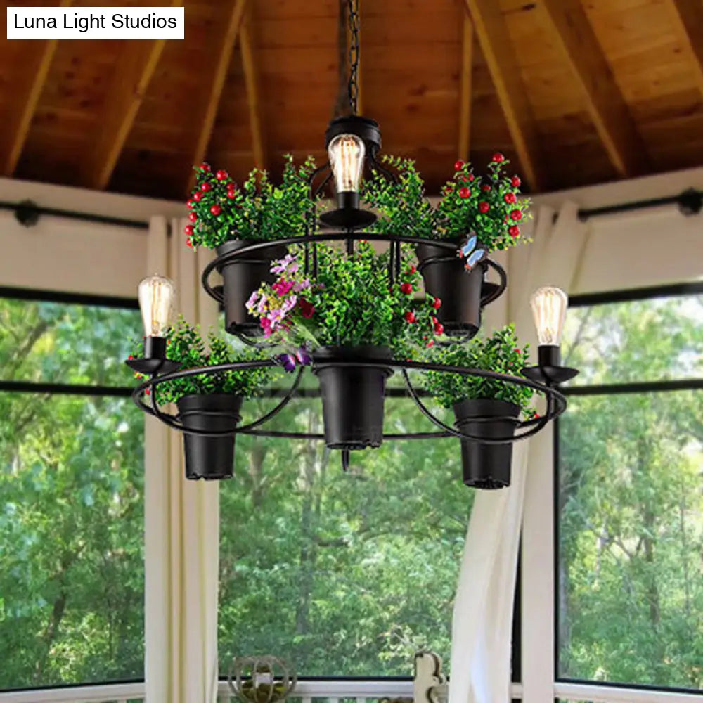 Industrial Black/White Metal LED Plant Pendant Light - 6 Lights, 1/2 Tiers. Perfect for Restaurants.