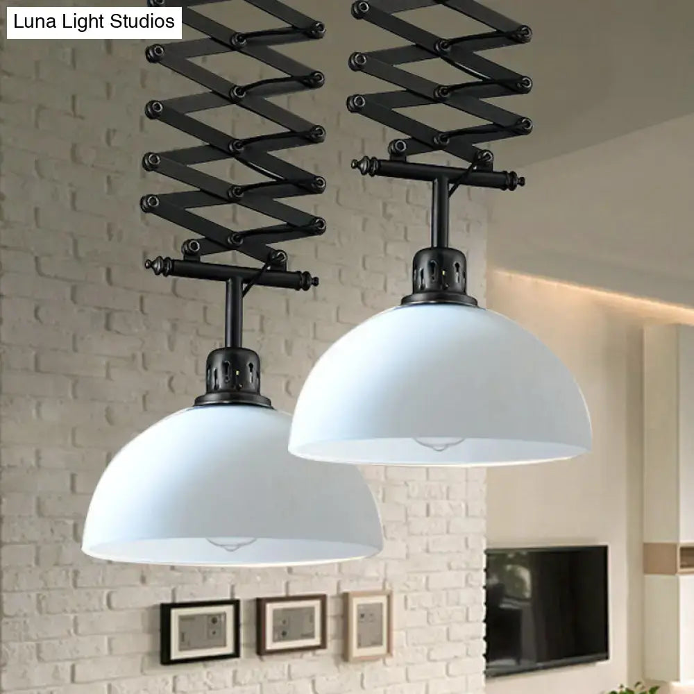 Black white pendant light with articulated arm and white frosted glass shade for balcony by DecorBites industrial style