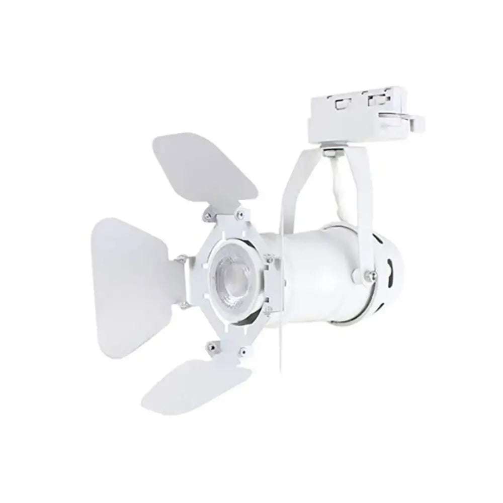White metal industrial track spotlight with adjustable directional spotlight and four leaf-shaped reflectors for office use