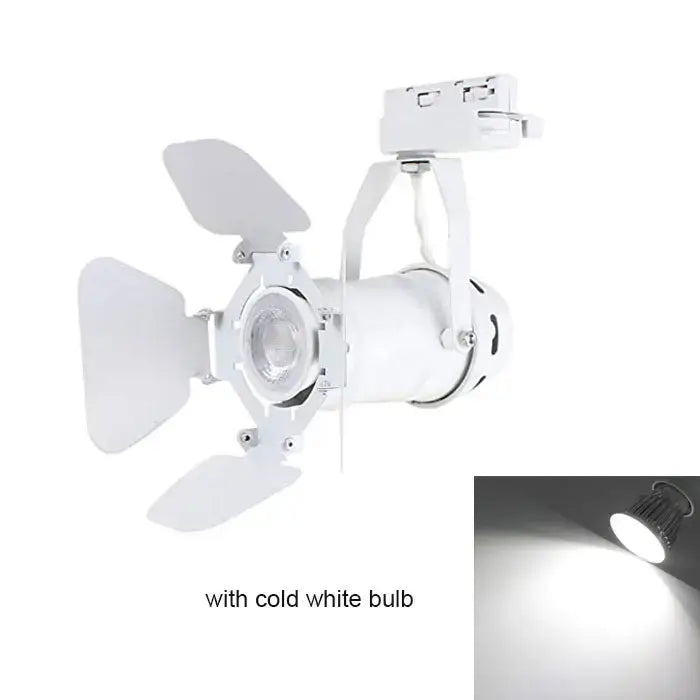 White adjustable industrial track spotlight with four leaf-shaped reflectors and cold white led bulb for office use