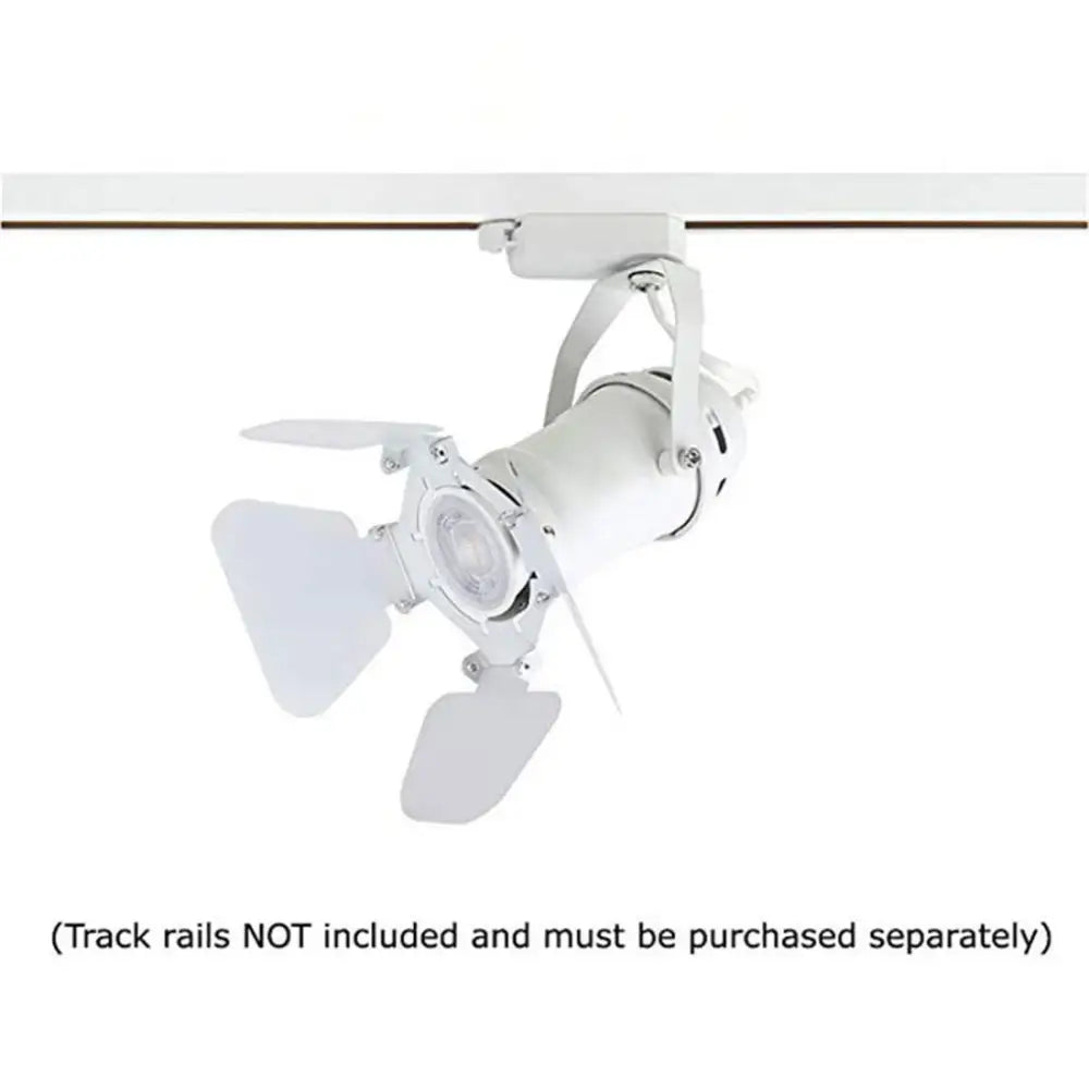White industrial track spotlight with adjustable arms and three directional reflectors for office lighting use