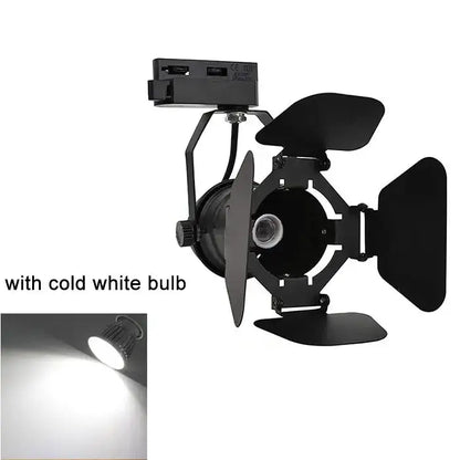 Industrial black and white track spotlight with adjustable barn doors and cold white led bulb for office use