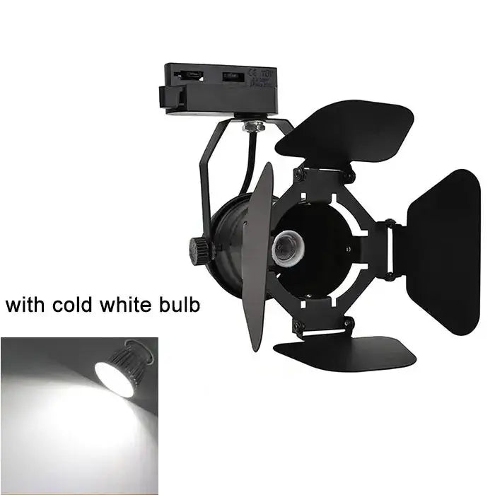 Industrial black and white track spotlight with adjustable barn doors and cold white led bulb for office use