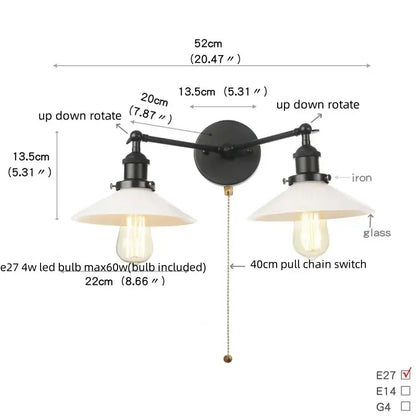 Black iron industrial led wall light with two adjustable arms, white glass shades, and pull chain for bedroom decorbites industrial led