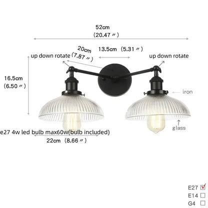 Black iron industrial led wall light with two ribbed glass shades and adjustable arms for bedroom decorbites industrial led use