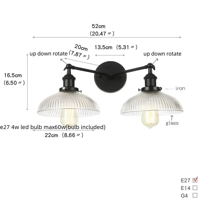 Black iron industrial led wall light with two ribbed glass shades and adjustable arms for bedroom decorbites industrial led use
