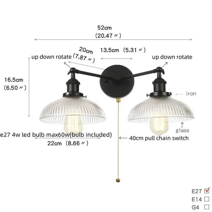 Black iron industrial led wall light with two ribbed glass shades and pull chain switch for bedroom decorbites industrial led
