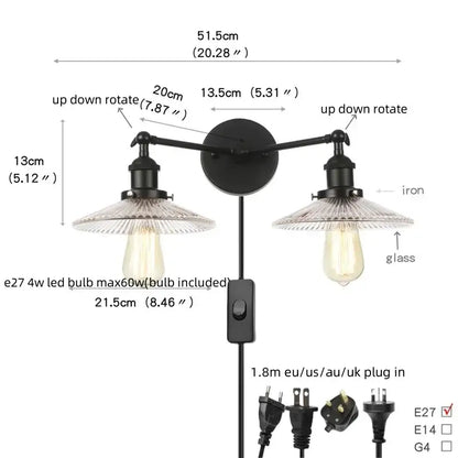 Black iron wall light with two adjustable arms and edison bulbs for decorbites industrial led wall lighting