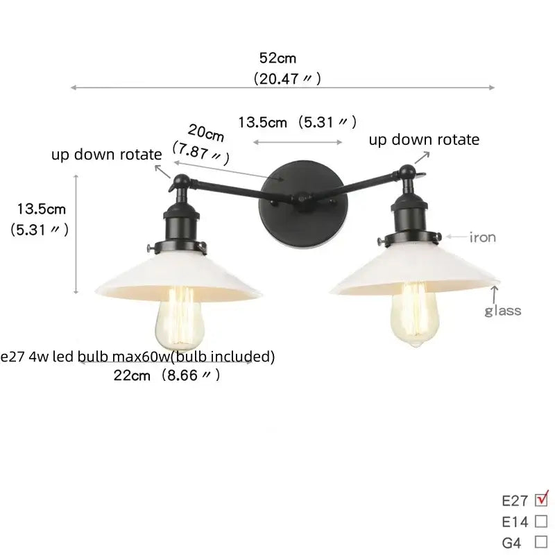 Black iron industrial led wall light with two adjustable arms, white glass shades, and pull chain for bedroom decorbites industrial led