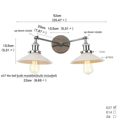 Industrial black and white wall light with chrome iron arms and white glass shades decorbites industrial led sconce