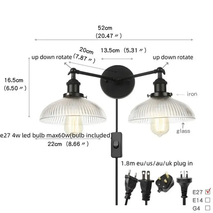 Black iron industrial led wall light with two adjustable arms and ribbed glass shades for bedroom decorbites LED sconce
