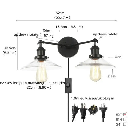 Black iron industrial led wall light with two adjustable arms and clear glass shades for bedroom decorbites industrial led