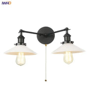 Black wrought iron double-arm wall light with white ceramic shades and edison bulbs industrial led wall decorbites