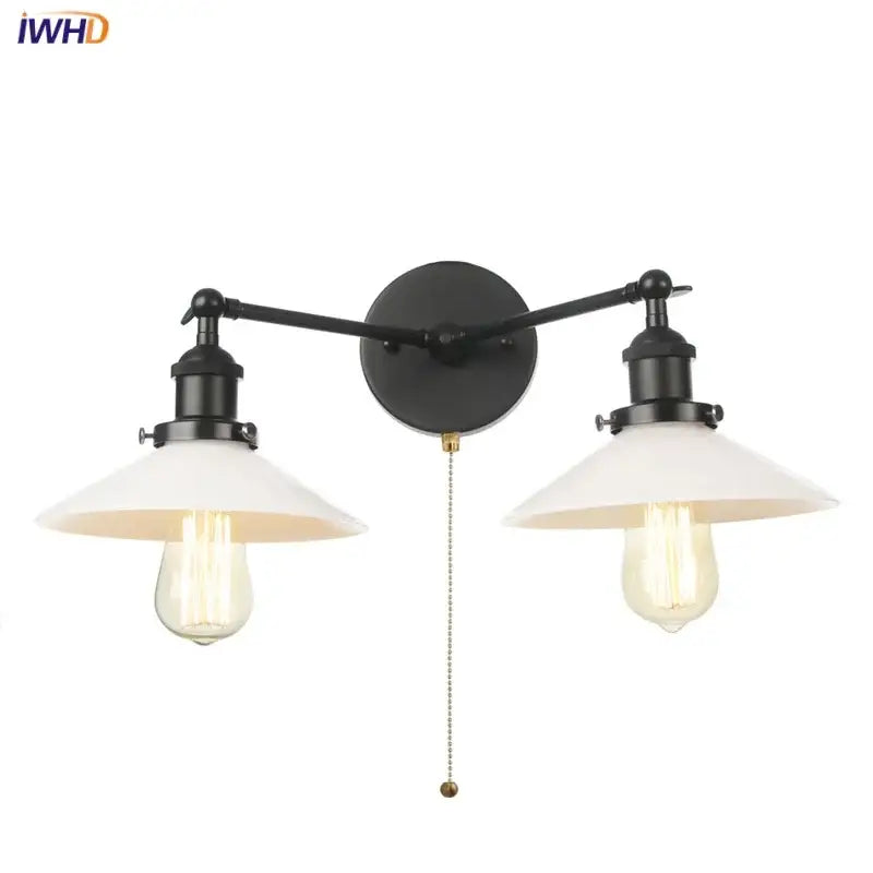 Black wrought iron double-arm wall light with white ceramic shades and edison bulbs industrial led wall decorbites