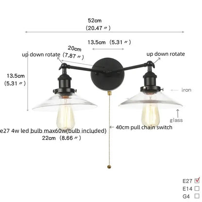 Black iron industrial led wall light with two adjustable arms and clear glass shades for bedroom decorbites industrial led
