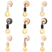 Set of nine industrial led wall light sconces with natural wood backplates black and white metal accents exposed bulbs