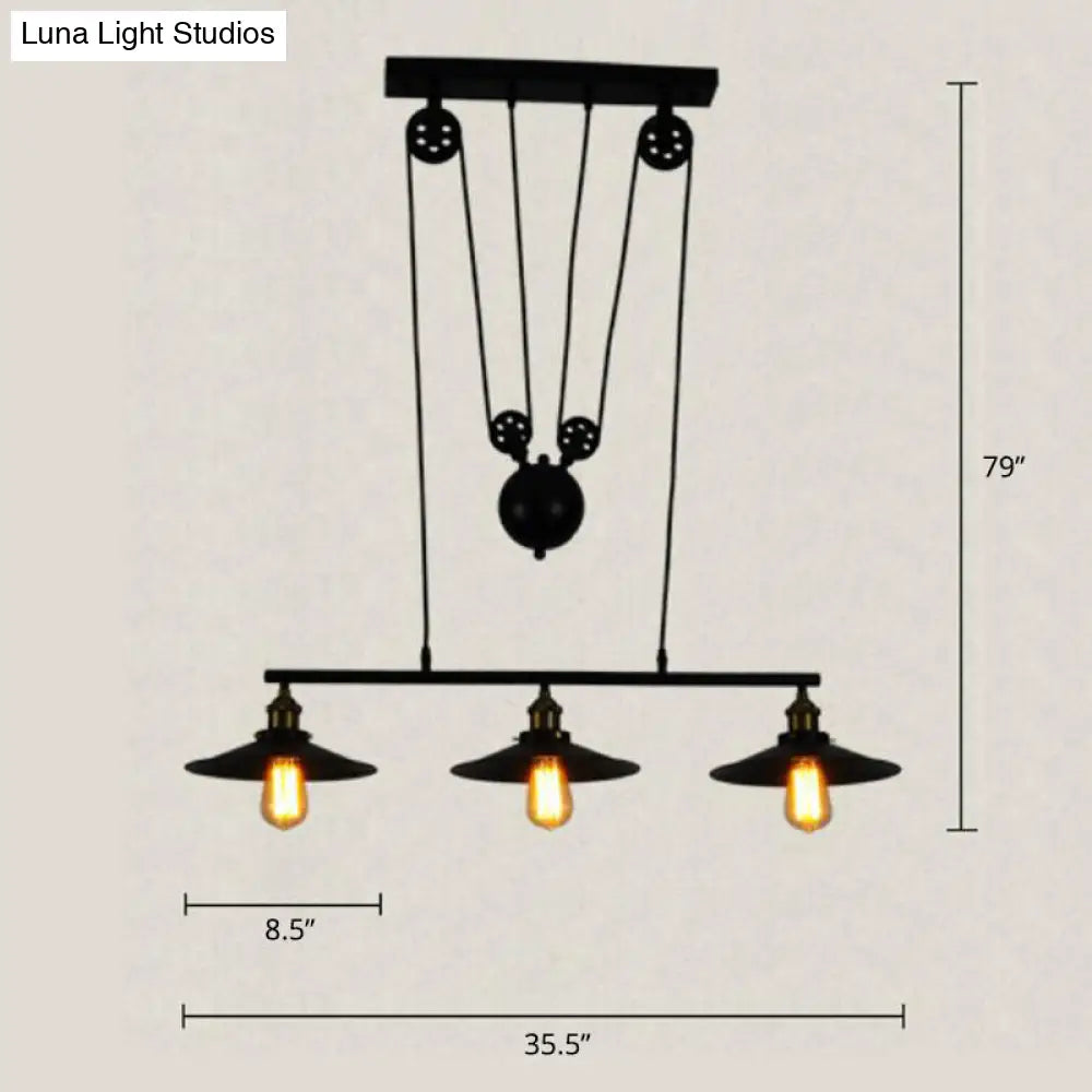 DecorBites™ Industrial Black Wide Flare Pulley Pendant Light for Restaurant - 3 Bulb Hanging Island Fixture
