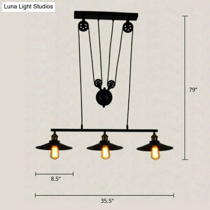 DecorBites™ Industrial Black Wide Flare Pulley Pendant Light for Restaurant - 3 Bulb Hanging Island Fixture