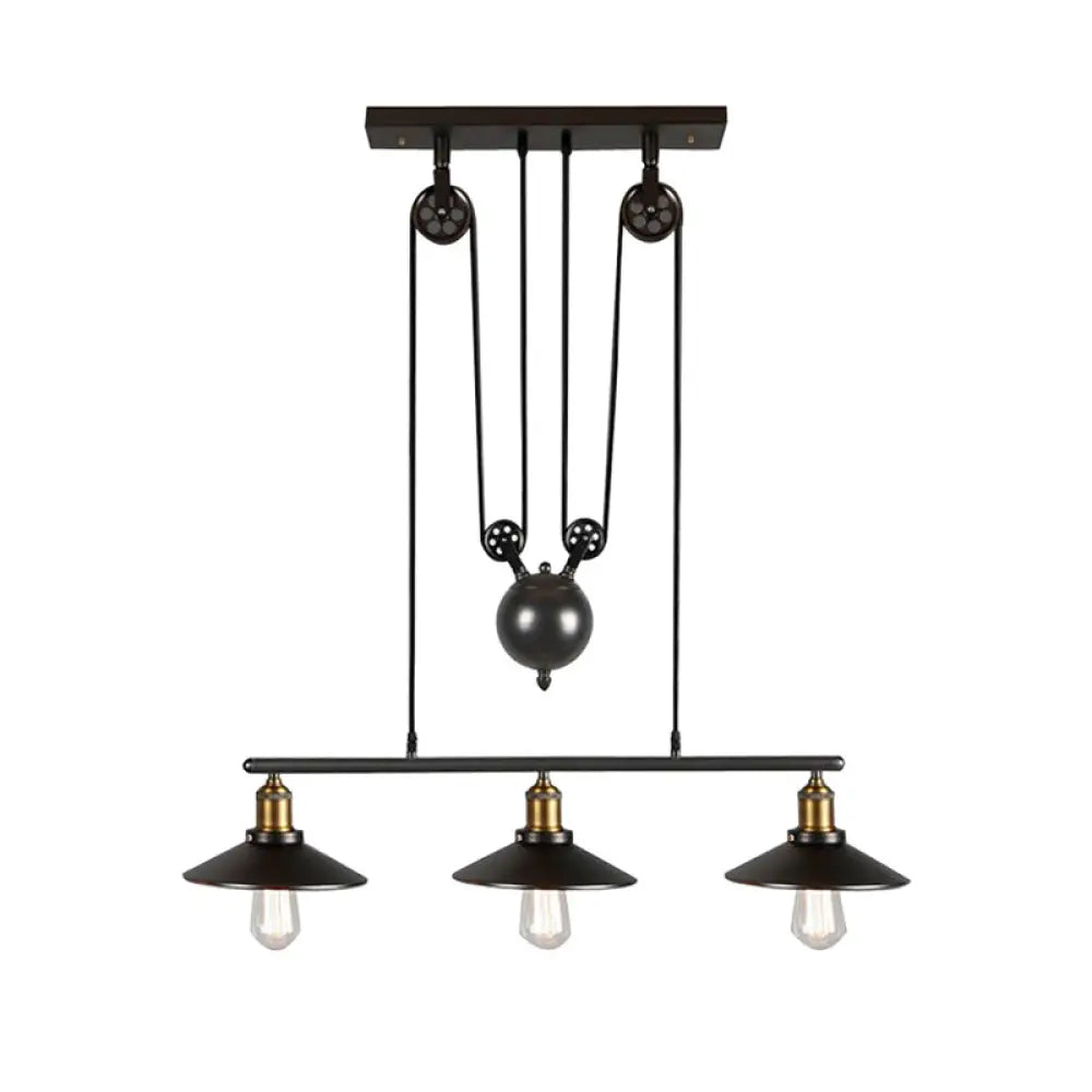 DecorBites™ Industrial Black Wide Flare Pulley Pendant Light for Restaurant - 3 Bulb Hanging Island Fixture