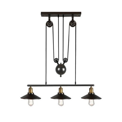 DecorBites™ Industrial Black Wide Flare Pulley Pendant Light for Restaurant - 3 Bulb Hanging Island Fixture