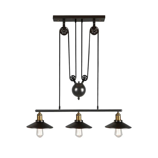 DecorBites™ Industrial Black Wide Flare Pulley Pendant Light for Restaurant - 3 Bulb Hanging Island Fixture