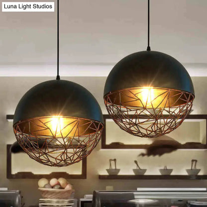 Industrial Black Wire Cage Ceiling Light - Iron Domed Hanging Pendant for Dining Room, 1-Light Down Lighting