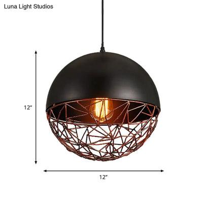 Industrial Black Wire Cage Ceiling Light - Iron Domed Hanging Pendant for Dining Room, 1-Light Down Lighting