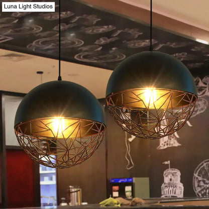 Industrial Black Wire Cage Ceiling Light - Iron Domed Hanging Pendant for Dining Room, 1-Light Down Lighting