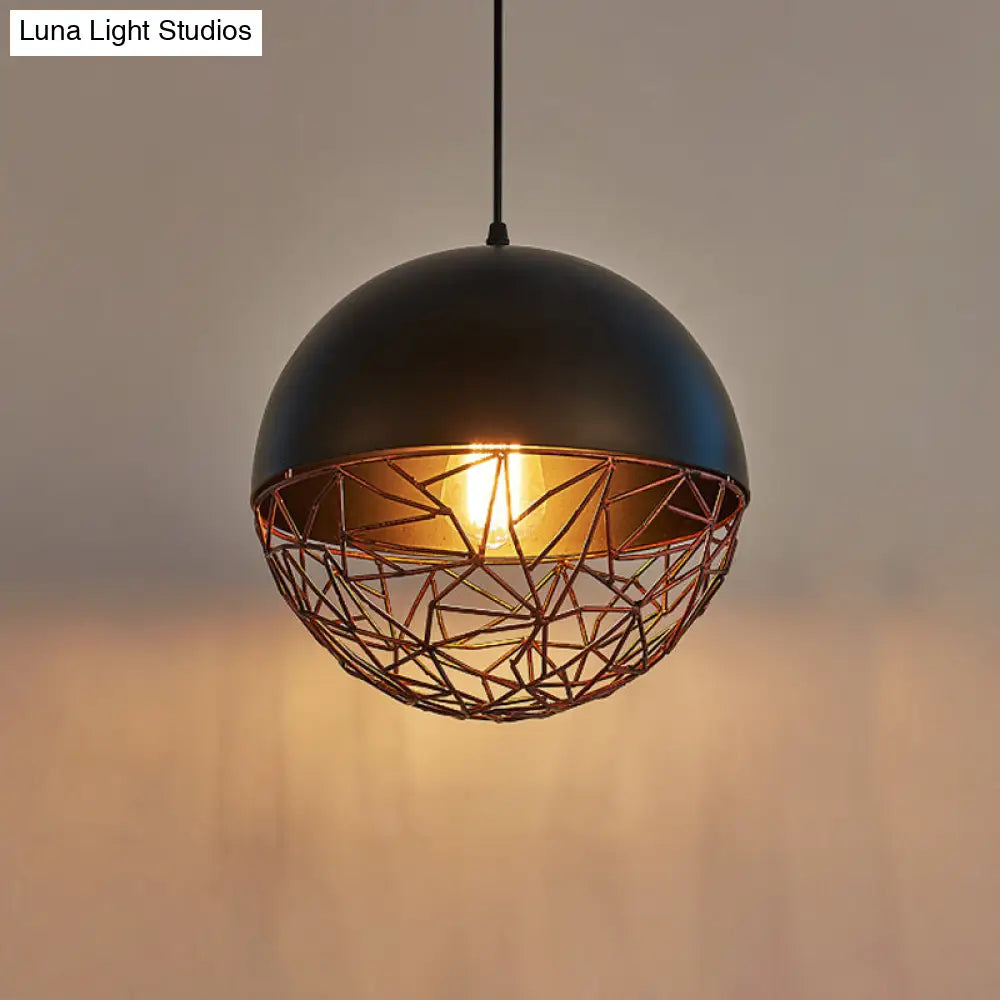 Industrial Black Wire Cage Ceiling Light - Iron Domed Hanging Pendant for Dining Room, 1-Light Down Lighting