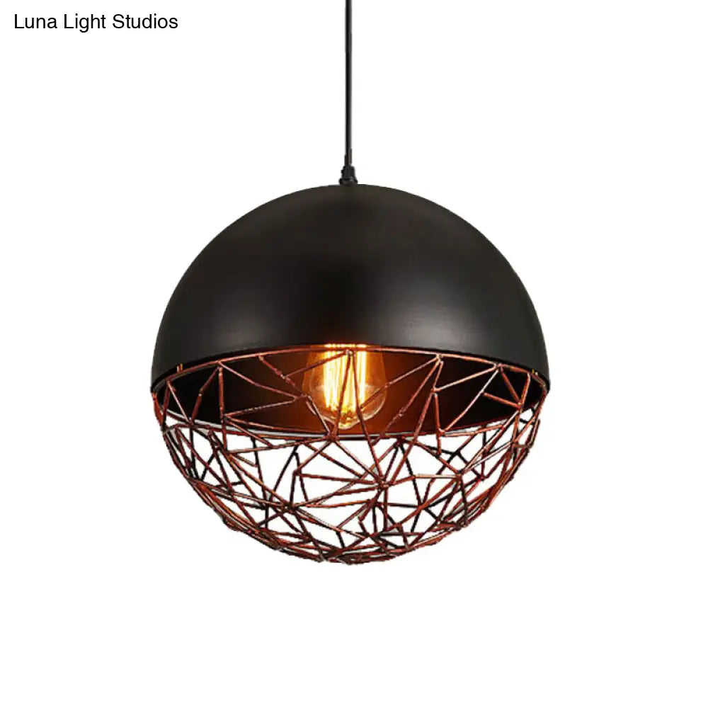 Industrial Black Wire Cage Ceiling Light - Iron Domed Hanging Pendant for Dining Room, 1-Light Down Lighting