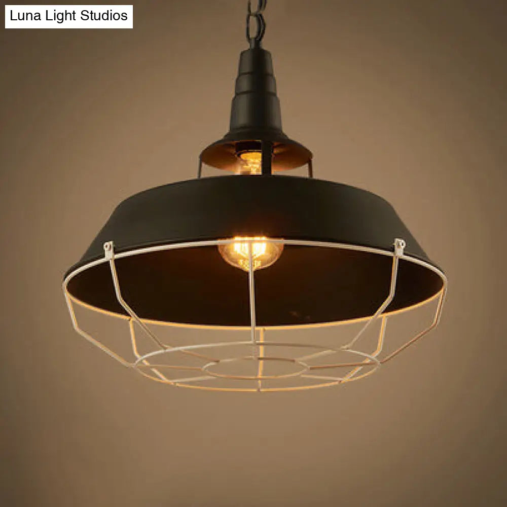 Industrial Black Wire Cage Hanging Light for Warehouse - 1 Head Barn Metal Lamp