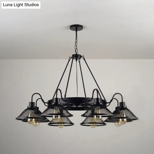 Industrial Black Wire Mesh Chandelier - 6/8-Light Flared Ceiling Light for Restaurant