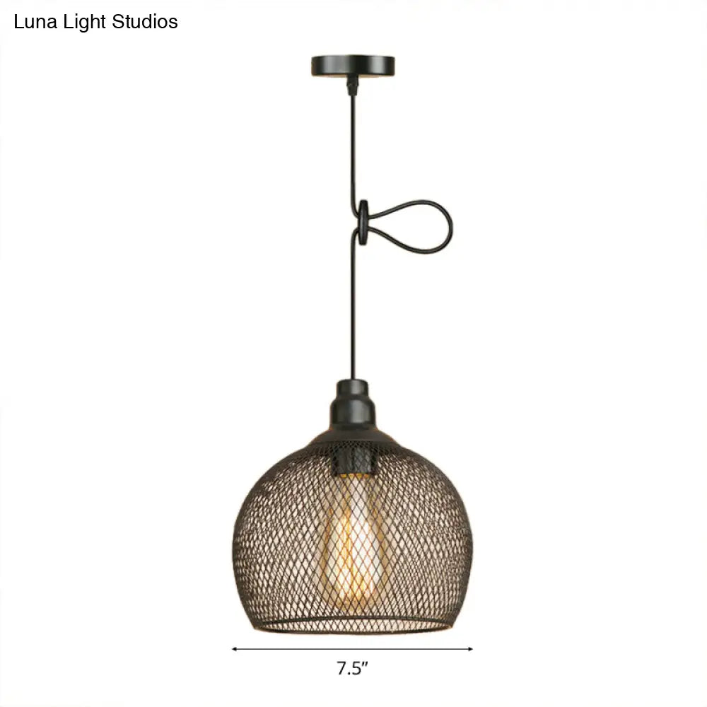 Industrial Black Wire Mesh Pendant Light with Height Adjustable Hanging Lamp for Dining Room