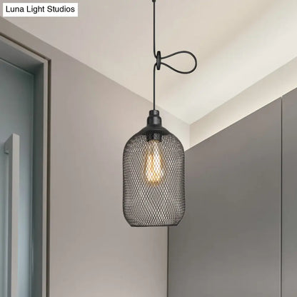 Industrial Black Wire Mesh Pendant Light with Height Adjustable Hanging Lamp for Dining Room