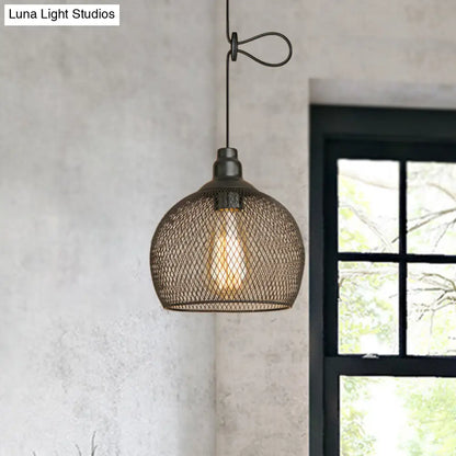 Industrial Black Wire Mesh Pendant Light with Height Adjustable Hanging Lamp for Dining Room